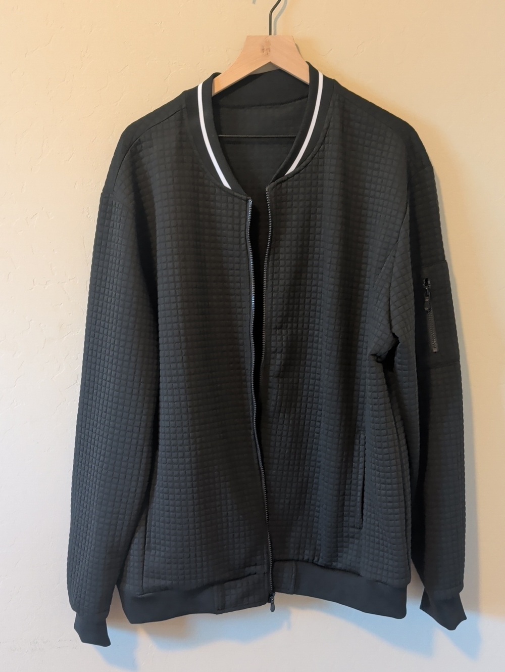 Men's Black Quilted Bomber Jacket with Stripe Collar